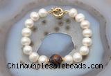 CFB1059 Hand-knotted 9mm - 10mm potato white freshwater pearl & mahogany obsidian bracelet