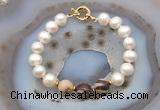 CFB1070 Hand-knotted 9mm - 10mm potato white freshwater pearl & brown zebra jasper bracelet