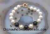 CFB1079 Hand-knotted 9mm - 10mm potato white freshwater pearl & black agate bracelet