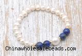 CFB616 6-7mm potato white freshwater pearl & lapis lazuli stretchy bracelet
