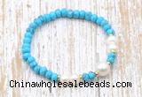 CFB705 faceted rondelle turquoise & potato white freshwater pearl stretchy bracelet