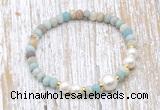 CFB708 faceted rondelle amazonite & potato white freshwater pearl stretchy bracelet