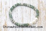 CFB716 faceted rondelle Qinghai jade & potato white freshwater pearl stretchy bracelet