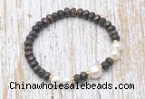 CFB756 faceted rondelle bronzite & potato white freshwater pearl stretchy bracelet