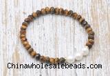 CFB767 faceted rondelle yellow tiger eye & potato white freshwater pearl stretchy bracelet