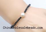 CFB825 4mm faceted round black tourmaline & potato white freshwater pearl bracelet