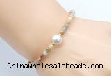 CFB834 4mm faceted round yellow crazy lace agate & potato white freshwater pearl bracelet