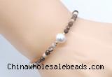 CFB839 4mm faceted round brown zebra jasper & potato white freshwater pearl bracelet