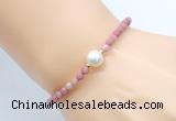 CFB841 4mm faceted round pink wooden jasper & potato white freshwater pearl bracelet