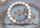 CFB902 9mm - 10mm rice white freshwater pearl & lavender amethyst stretchy bracelet