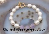 CFB905 Hand-knotted 9mm - 10mm rice white freshwater pearl & lavender amethyst bracelet