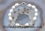 CFB908 Hand-knotted 9mm - 10mm rice white freshwater pearl & white crystal bracelet