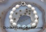 CFB911 Hand-knotted 9mm - 10mm rice white freshwater pearl & aquamarine bracelet