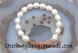 CFB913 9mm - 10mm rice white freshwater pearl & rainbow moonstone stretchy bracelet