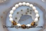 CFB915 9mm - 10mm rice white freshwater pearl & yellow tiger eye stretchy bracelet