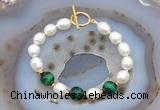 CFB917 Hand-knotted 9mm - 10mm rice white freshwater pearl & green tiger eye bracelet