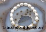 CFB918 9mm - 10mm rice white freshwater pearl & grey banded agate stretchy bracelet