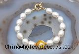 CFB919 Hand-knotted 9mm - 10mm rice white freshwater pearl & yellow banded agate bracelet