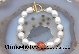 CFB921 Hand-knotted 9mm - 10mm rice white freshwater pearl & red banded agate bracelet