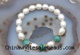 CFB922 9mm - 10mm rice white freshwater pearl & green banded agate stretchy bracelet