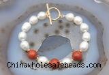 CFB927 Hand-knotted 9mm - 10mm rice white freshwater pearl & red jasper bracelet