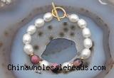 CFB929 Hand-knotted 9mm - 10mm rice white freshwater pearl & rhodonite bracelet