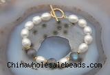 CFB938 Hand-knotted 9mm - 10mm rice white freshwater pearl & labradorite bracelet