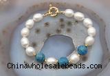 CFB940 Hand-knotted 9mm - 10mm rice white freshwater pearl & apatite bracelet