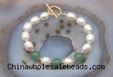 CFB944 Hand-knotted 9mm - 10mm rice white freshwater pearl & green aventurine bracelet