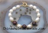 CFB948 Hand-knotted 9mm - 10mm rice white freshwater pearl & brecciated jasper bracelet