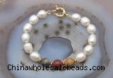CFB949 Hand-knotted 9mm - 10mm rice white freshwater pearl & picasso jasper bracelet