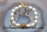 CFB951 Hand-knotted 9mm - 10mm rice white freshwater pearl & wooden jasper bracelet