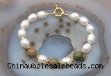 CFB953 Hand-knotted 9mm - 10mm rice white freshwater pearl & unakite bracelet