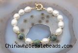 CFB955 Hand-knotted 9mm - 10mm rice white freshwater pearl & African turquoise bracelet