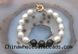 CFB958 Hand-knotted 9mm - 10mm rice white freshwater pearl & golden obsidian bracelet