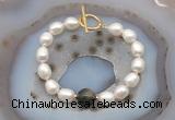 CFB966 Hand-knotted 9mm - 10mm rice white freshwater pearl & golden obsidian bracelet