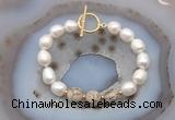 CFB967 Hand-knotted 9mm - 10mm rice white freshwater pearl & feldspar bracelet