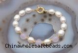 CFB985 Hand-knotted 9mm - 10mm rice white freshwater pearl & candy jade bracelet