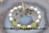 CFB993 Hand-knotted 9mm - 10mm rice white freshwater pearl & candy jade bracelet