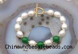 CFB994 Hand-knotted 9mm - 10mm rice white freshwater pearl & candy jade bracelet