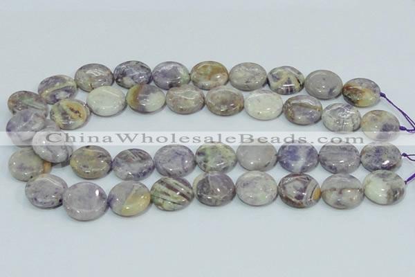 CFJ17 15.5 inches 18mm flat round natural purple flower stone beads