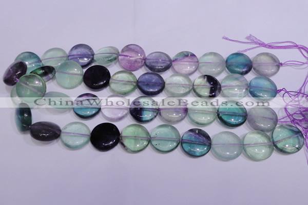 CFL1066 15 inches 20mm flat round natural fluorite gemstone beads