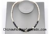 CFN127 potato white freshwater pearl & black banded agate necklace, 16 - 24 inches