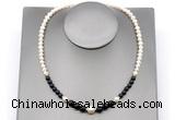 CFN128 potato white freshwater pearl & black agate necklace, 16 - 24 inches