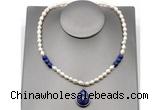 CFN154 baroque white freshwater pearl & lapis lazuli necklace with pendant