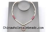 CFN163 baroque white freshwater pearl & pink wooden jasper necklace with pendant