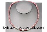 CFN211 4*6mm faceted rondelle pink wooden jasper & potato white freshwater pearl necklace