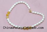 CFN307 Rice white freshwater pearl & yellow banded agate necklace, 16 - 24 inches