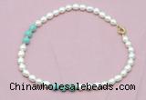 CFN314 9 - 10mm rice white freshwater pearl & amazonite necklace wholesale