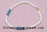 CFN315 9 - 10mm rice white freshwater pearl & apatite necklace wholesale